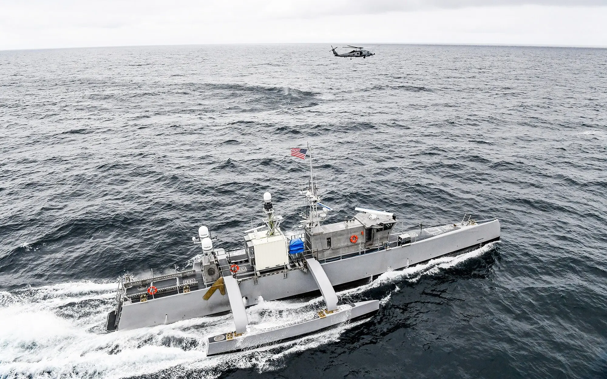 Seahawk unmanned surface vessel at speed, seen from above