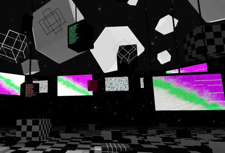 File 17 VR acclimation environment with floating geometric shapes and screens