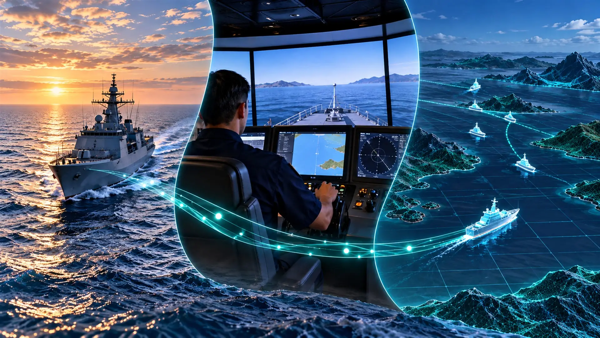 Destroyer at sea beside an operator at a simulation console