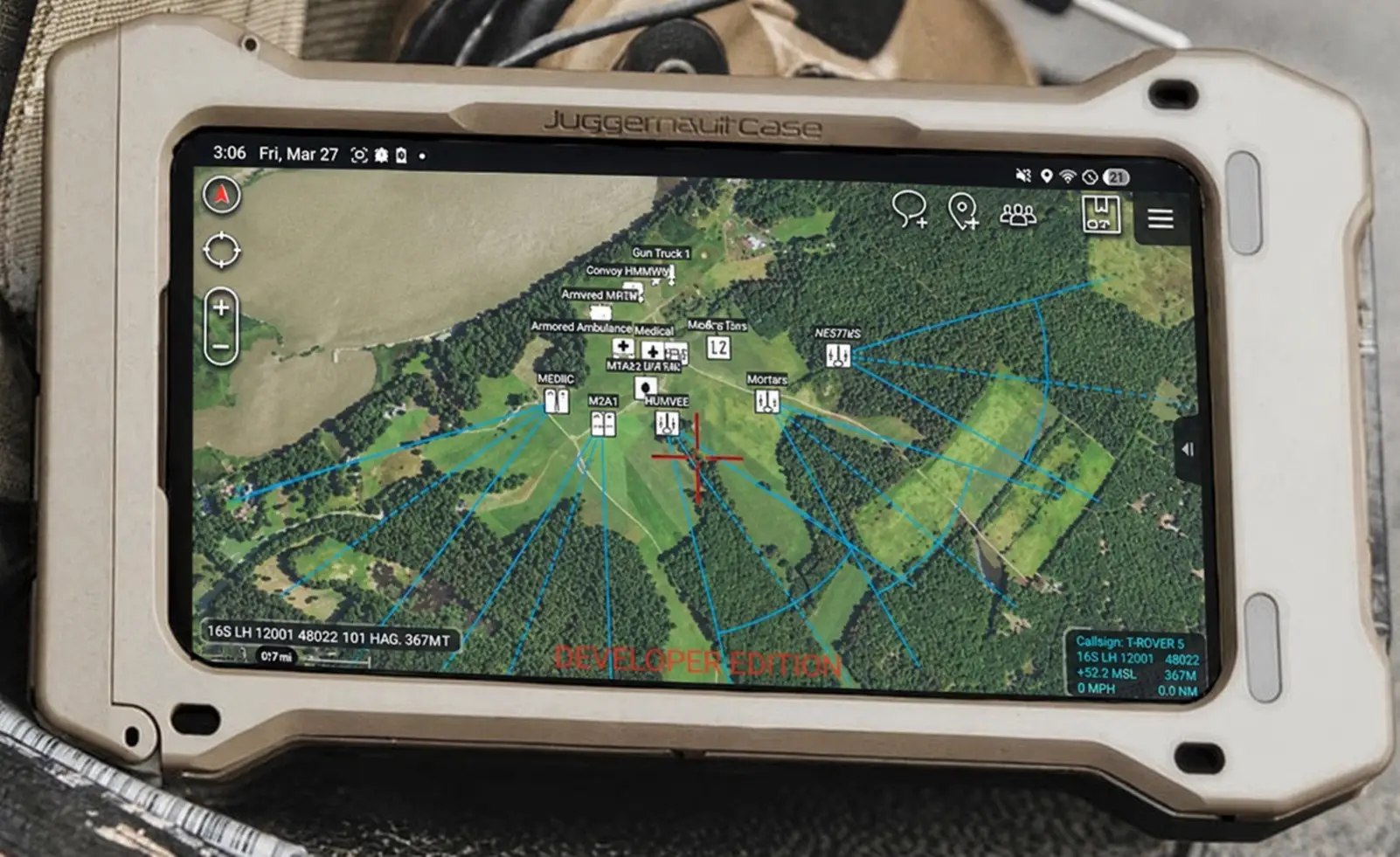 Rugged tablet showing an ATAK map with unit symbols