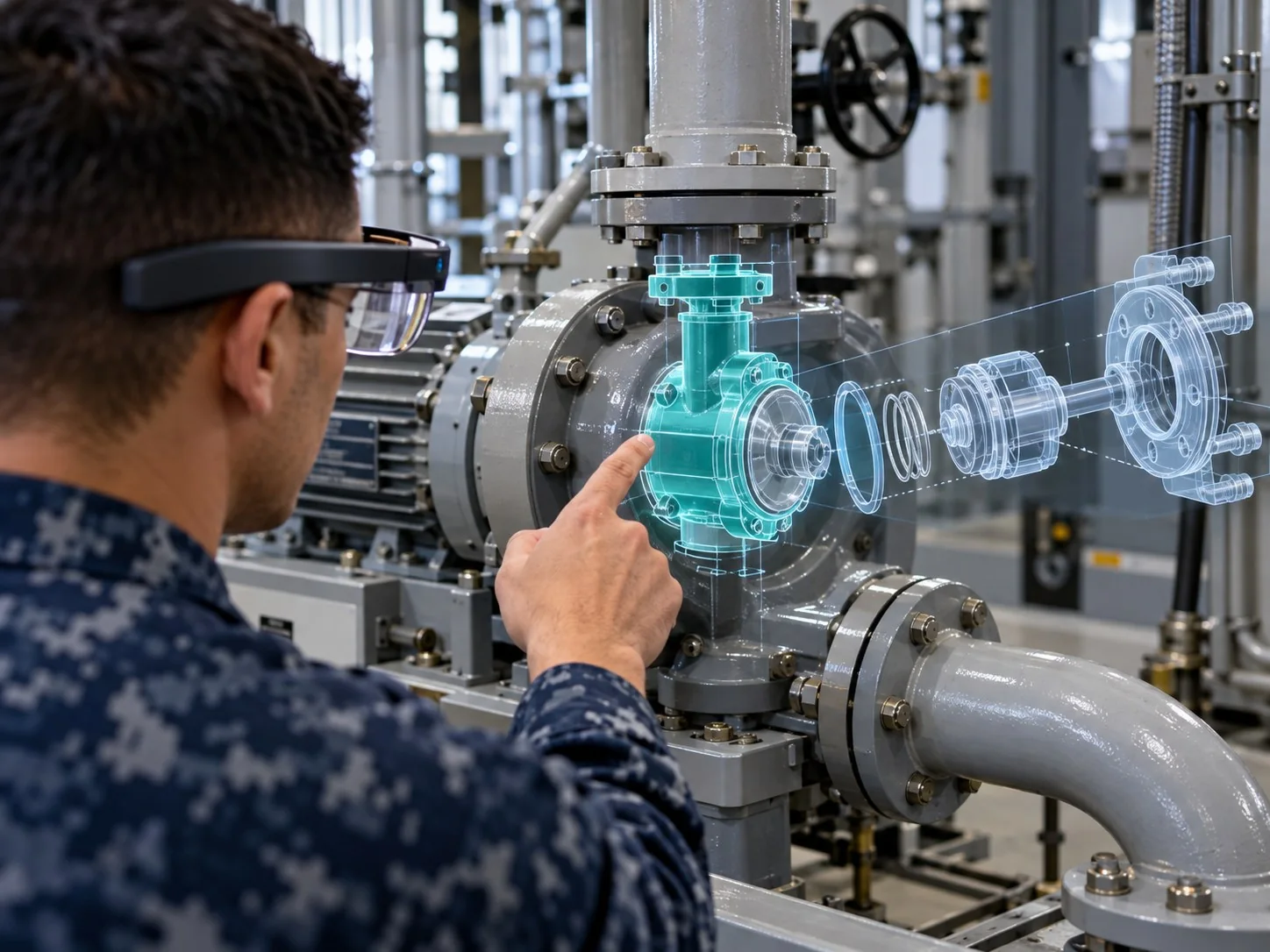 Sailor wearing augmented reality glasses, pointing at a 3D overlay of a pump's internal parts